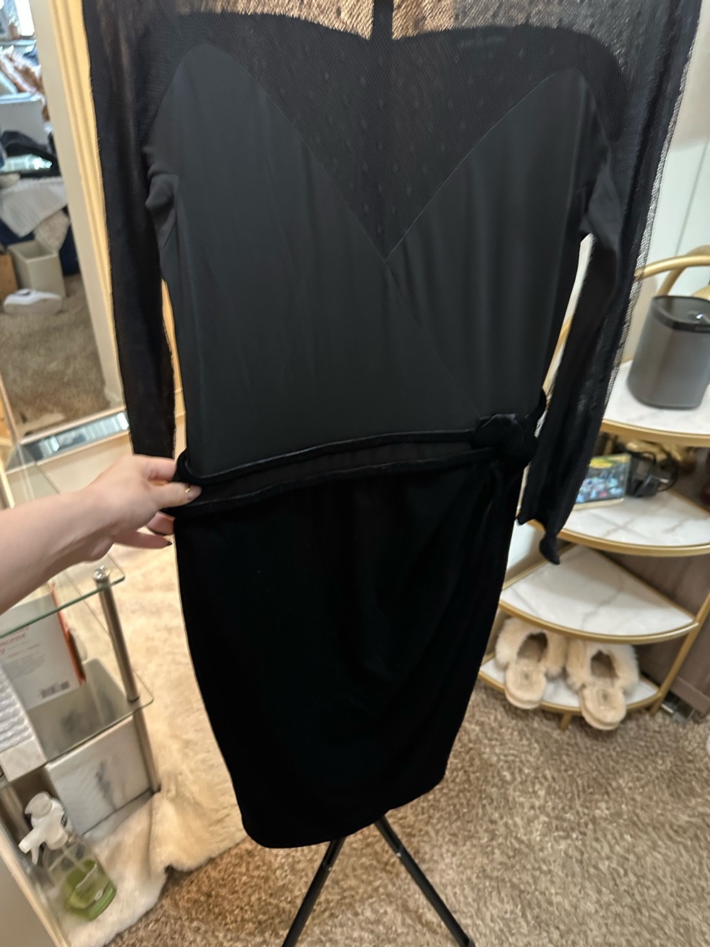 Giorgio Armani Black Long-Sleeve  Mesh Swissdot Velvet Dress 44 NWOT See Video!
